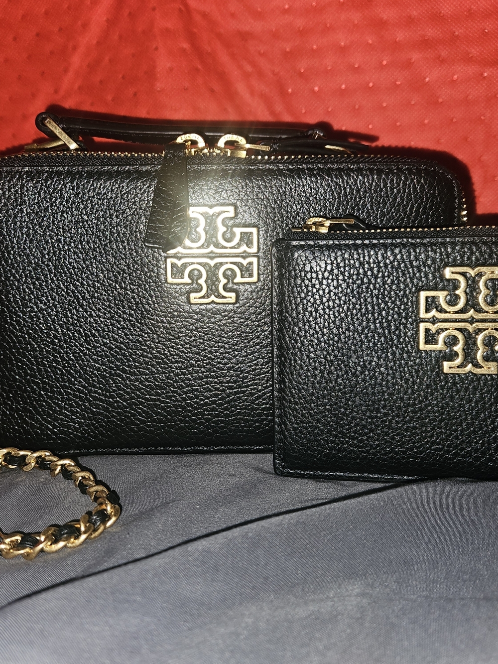 Tory Burch Black Pebbled Leather Crossbody with Gold Logo and Chain